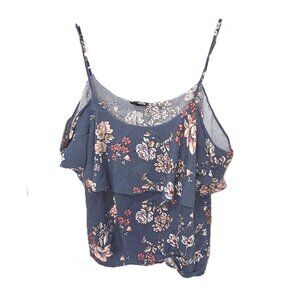 Bobeau Floral Tank Top Ruffle Blue Pink Womens Size Medium Boho Cottagecore